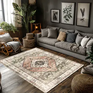 Vintage Distressed Persian Floral Flannel Area Rug #VintagePersianRug #DistressedFloralFloorMat #BohemianStyleCarpet #FlannelHomeDecor