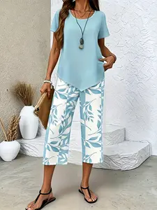 Women's Summer Casual 2 Piece, Solid Irregular Hem Short Sleeve Top & Leaf Print Capri Pants, Vacation Daily Loungewear
