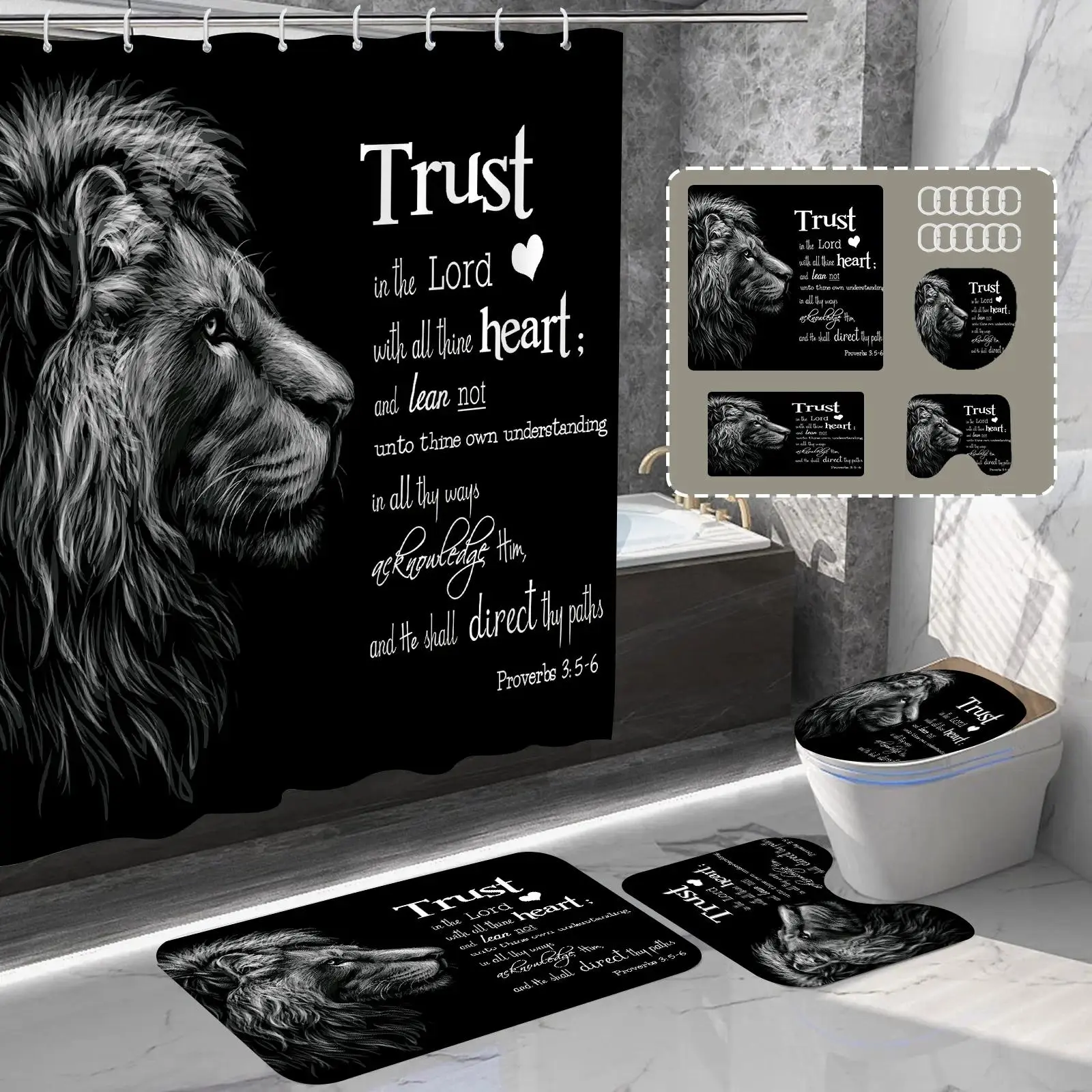 Lion Shower Curtain Set, Bathroom Decor Set with Motivational Text, Waterproof Shower Curtain, Bath Mat, U-shaped Mat, Toilet Seat Mat Lord Faith