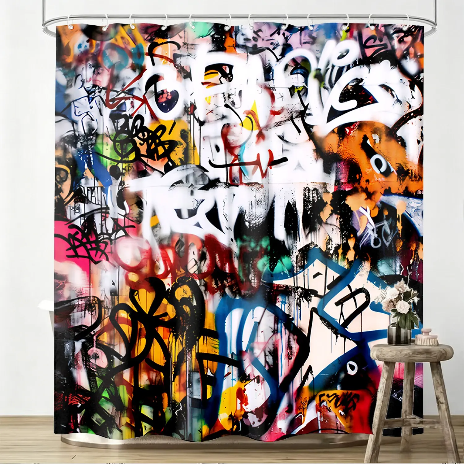 1pcs Vibrant Street Art Graffiti Decorative Shower Curtain, Multi Color Abstract Wall Decor, Trendy Hip Hop Bathroom Stall Curtain, Birthday Gift