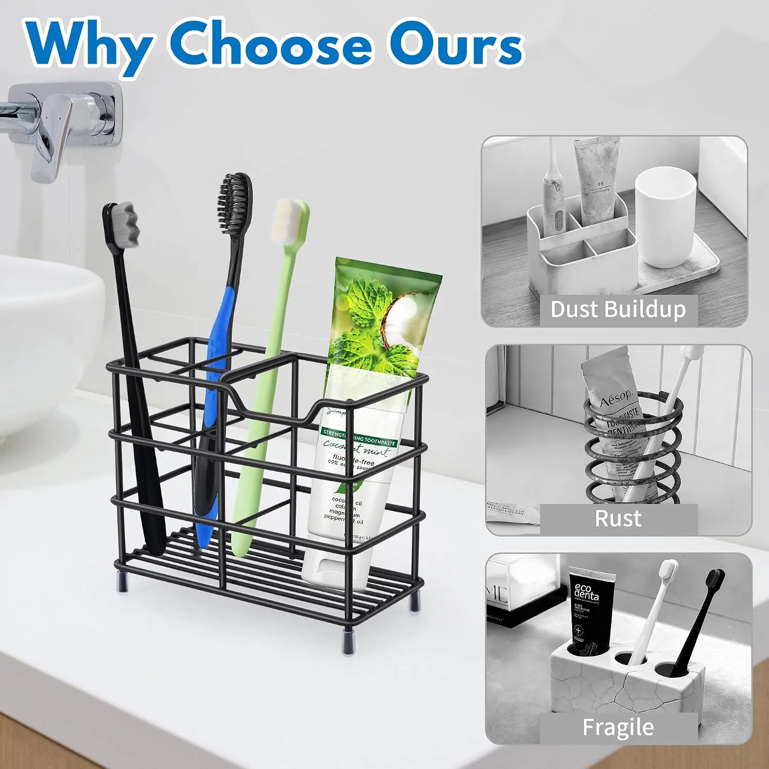 304 Stainless Steel Toothbrush Holder Stand, Bathroom Countertop Organizer for Toothbrushes & Toothpaste, Compact Sink Storage