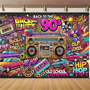 Retro 90s Hip Hop Neon Record Backdrop Party Background Cloth, Colorful Music Tapestry Wall Hanging Photography Background Premium Polyester Fabric, Birthday Party Decor, Car Theme Event Setup, Photo Studio Prop, Retro Background Decoration