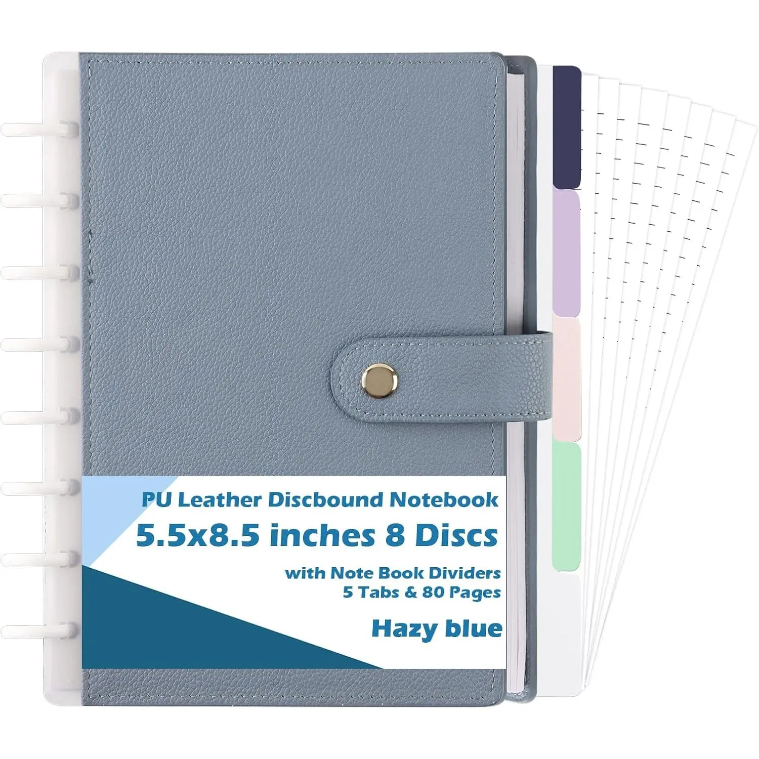 PU Leather Discbound Notebook 5.5x8.5 Discbound Planner Cover with Note Book Dividers 5 Tabs & 80 Pages Wide Ruled Disc Planner Lychee Grain Leather Padfolio for Work Travel Note Taking(Hazy blue)