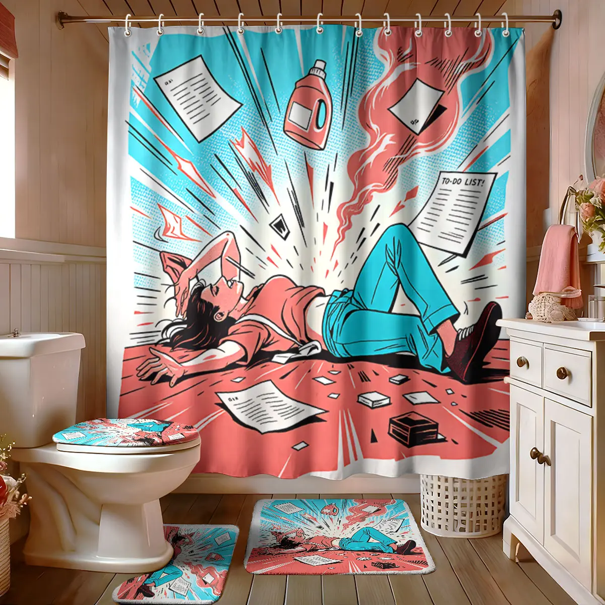 A four-piece pop-style bathroom set for busy women, including a non-slip mat, toilet seat, and bath mat. It's a modern bathroom decoration, and the bathroom set comes with 12 hooks.