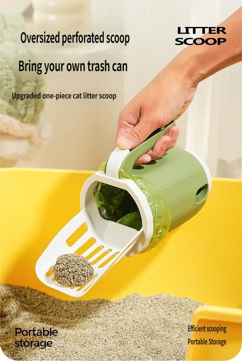 Multi-Function Cat Litter Scoop With Built-In Trash Bin, Large Capacity Litter Scooper With Bag Storage, Dual Gap 6mm+8mm Sifter Scoop For Most Cat Litter, No-Mess Litter Box Cleaner With Ergonomic Handle