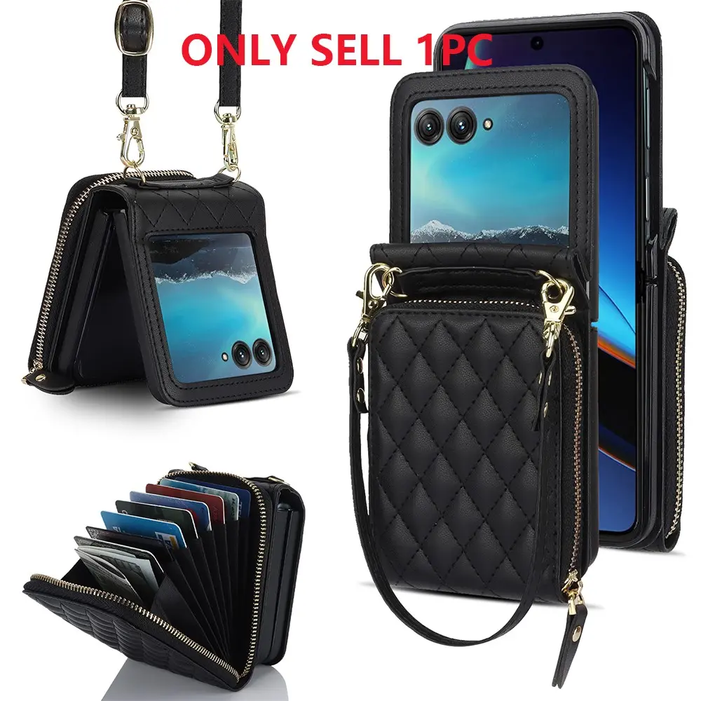 For Moto Razr Women's Wallet Phone Case Protector with Lanyard, Mobile Phone Accessory, Smartphone Accessories, Small Leather Purse Credit Card Slot, Durable Anti-Slip Full Cover, Fits Motorola Razr Ultra Series