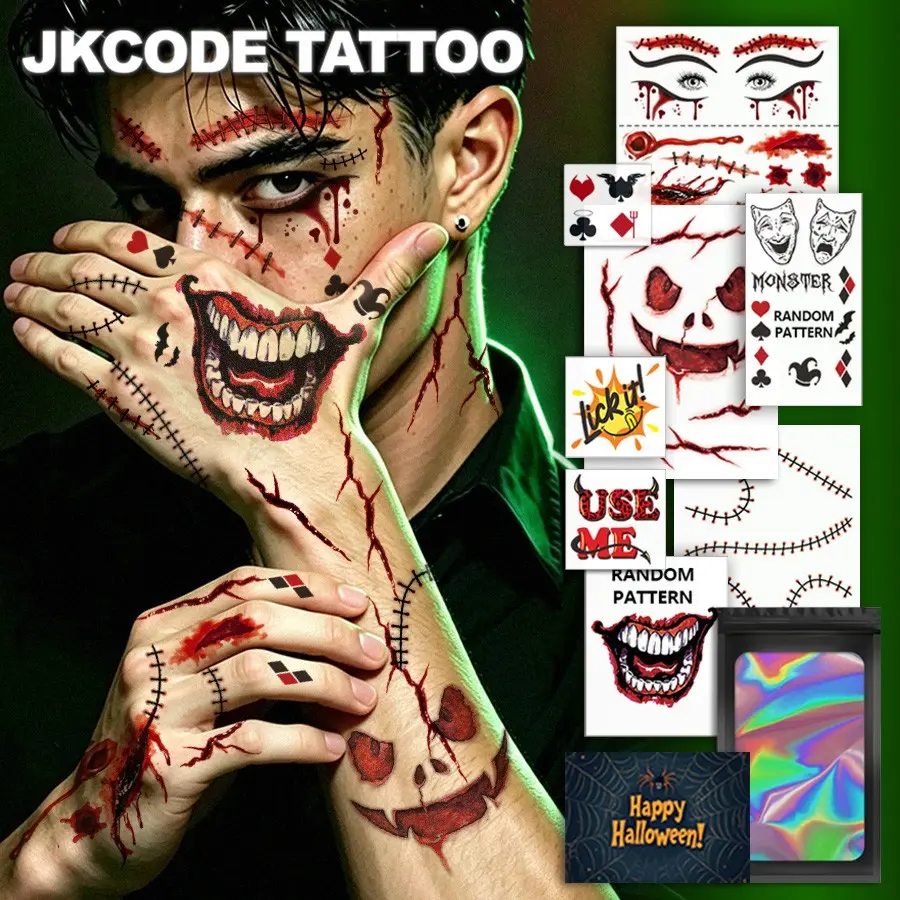 10 Sheets Halloween Costume Clown Tattoo Kit | Funny Costume Tattoo Kit, Halloween Temporary Tattoos, Stitches And Scars Halloween Makeup Stickers, Costume Accessory for Men Women, Punk Costume Accessory Party Favors, Lasts 3-5 Days
