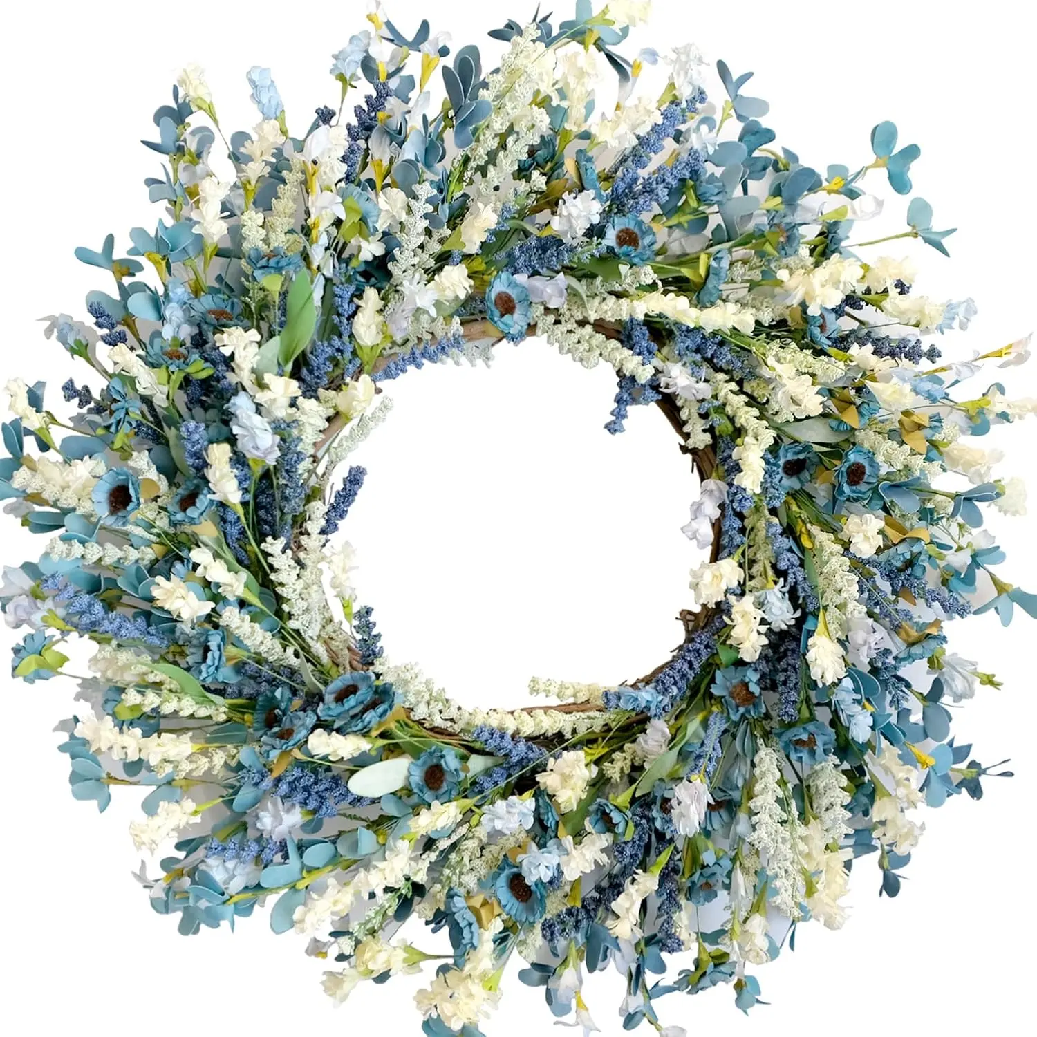 26 Inch Summer Spring Blue Ivory Lavender Flower Wreath for Front Door, Rustic and Farmhouse Wild Flowers Wreath for Inside and Outside, Coastal Blue Home Decorating