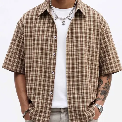 Brown Yellow Plaid Short Sleeve Shirt Men, Y2K Casual Streetwear Vintage Oversized Button Up, Summer Loose Fit Casual Shirt, For Daily Wear, Street Style, Office, Men's Retro Streetwear, Vintage Styles #springsaledeals2026 #summeroutfits #tiktokshopmademe