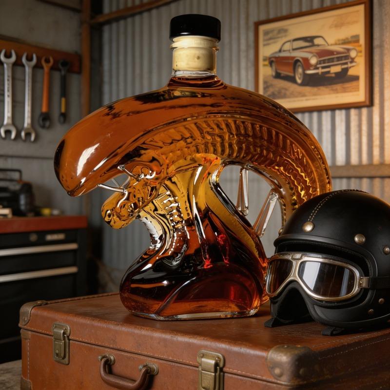 The Monster Decanter—an alien-themed glass decanter inspired by classic movie monsters. An exceptional collectible, it seamlessly combines the practical function of holding spirits with the decorative aesthetic of a creative display piece. (Glass)