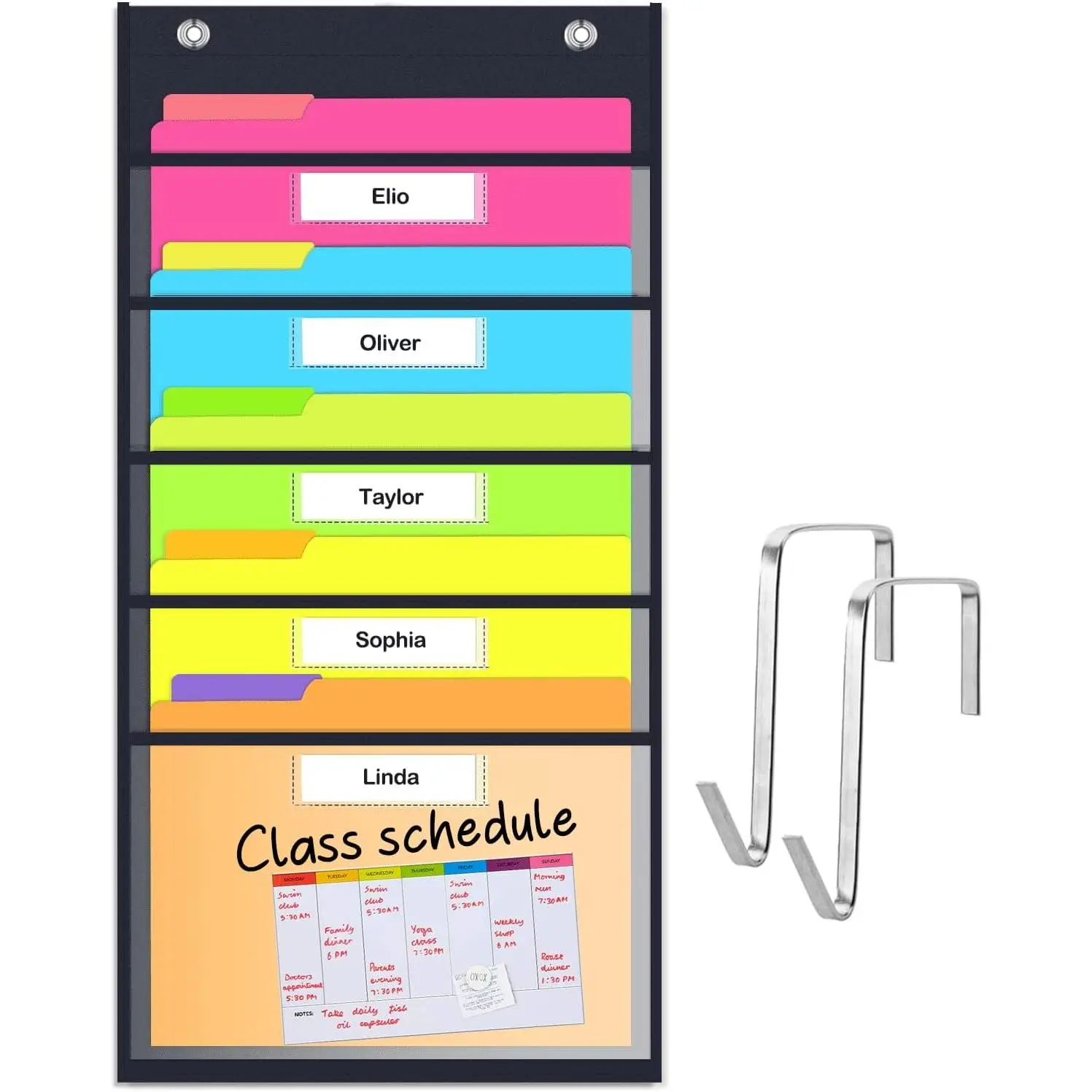 Clear Storage Pocket Chart for Classroom & Office with 5 Nametag Pockets, 2 Overdoor Hangers Included,  Wall File Organizer for File Folders, Assignments, Files, Scrapbook Papers &