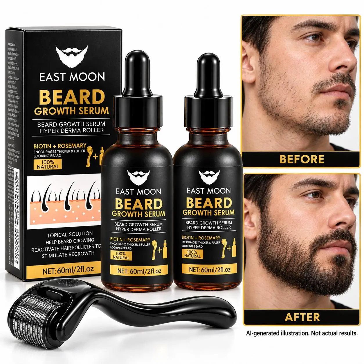 Men's Daily Beard Care Set with 60 mL Rosemary, Biotin & Castor Oil Beard Serum, EAST MOON Oil-Based Facial Hair Conditioner, Manual Grooming Roller for Smoother Facial Hair