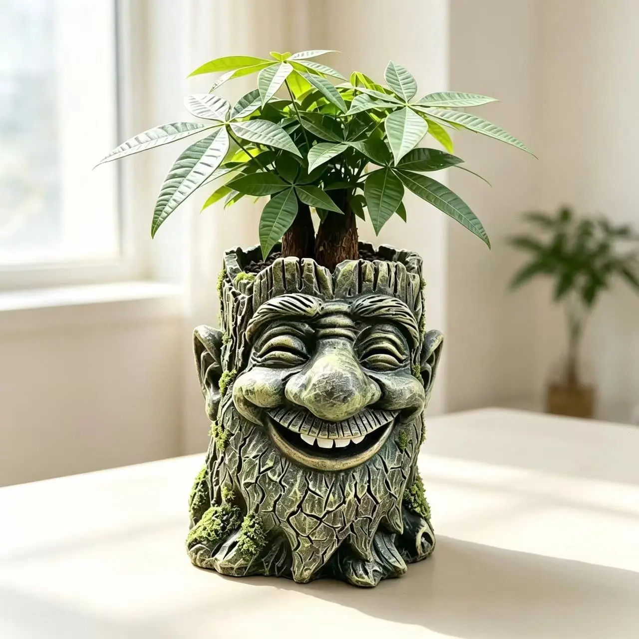 Vintage Resin Flower Pot with Moss Tree Stump Face, Retro Forest Design Planter for Outdoor Garden Decor, Fun Horticulture Art Piece