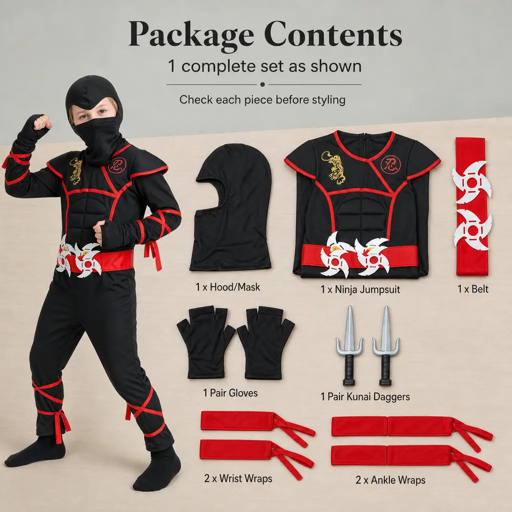 Boys' Ninja Muscle Jumpsuit Full Set, Warrior Costume for Halloween, Cosplay Parties