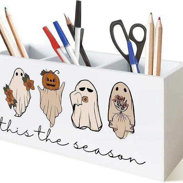 Halloween Ghost Pumpkin Pen Holder, Cute Desk Organizer, Spooky Season Office Decor, Back to School Gift