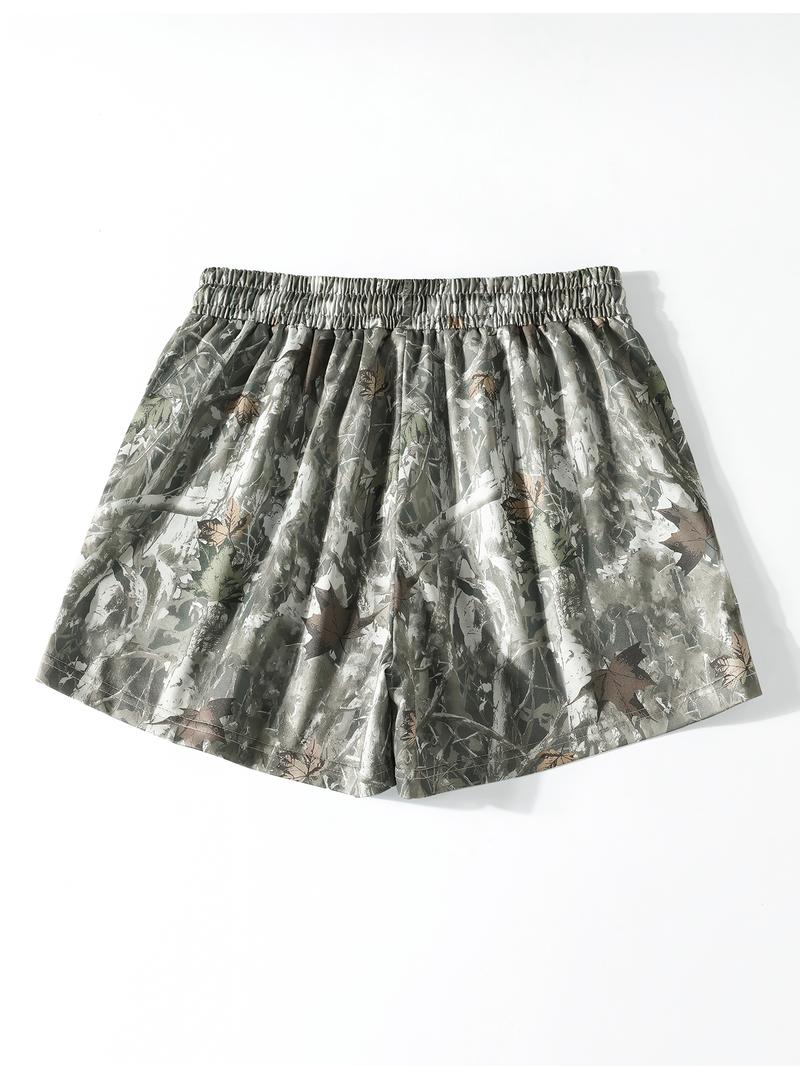 Vintage Street Withered Branch Camo Print Loose-Fit Gym Shorts, Casual All-Season Wear, Moderate Fabric Thickness, Kint Style, Athletic Shorts