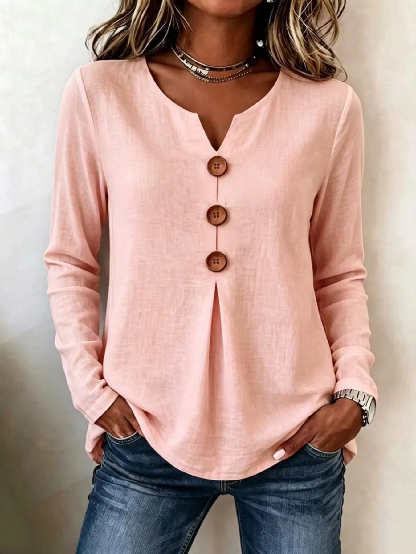 Vintage Large Button Long Sleeve Top, Women's Fashion Basic Blouse, Casual V-Neck Solid Color Shirt, Versatile Everyday Wear