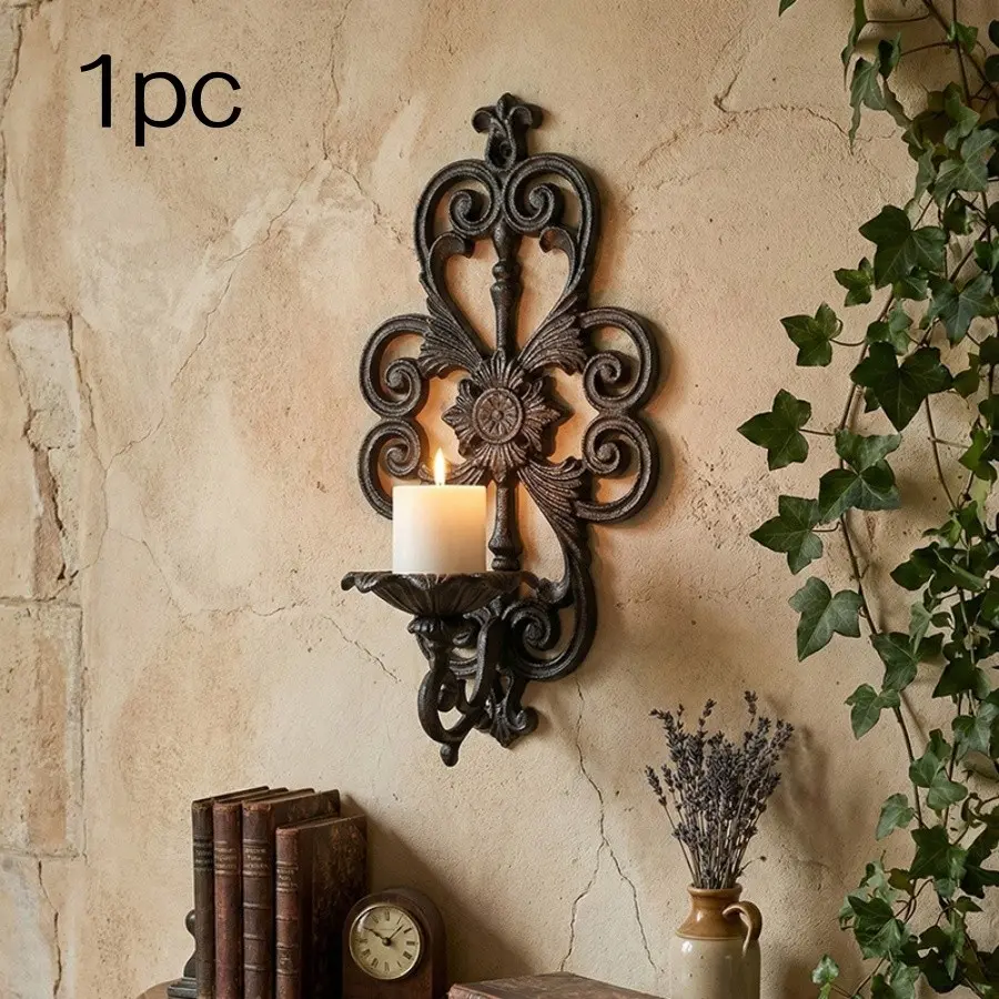Vintage Cast Iron Wall-Mounted Candle Holder, Hollow Out Design, Home Decor for Living Room and Dining Room, Wall Art Ornament