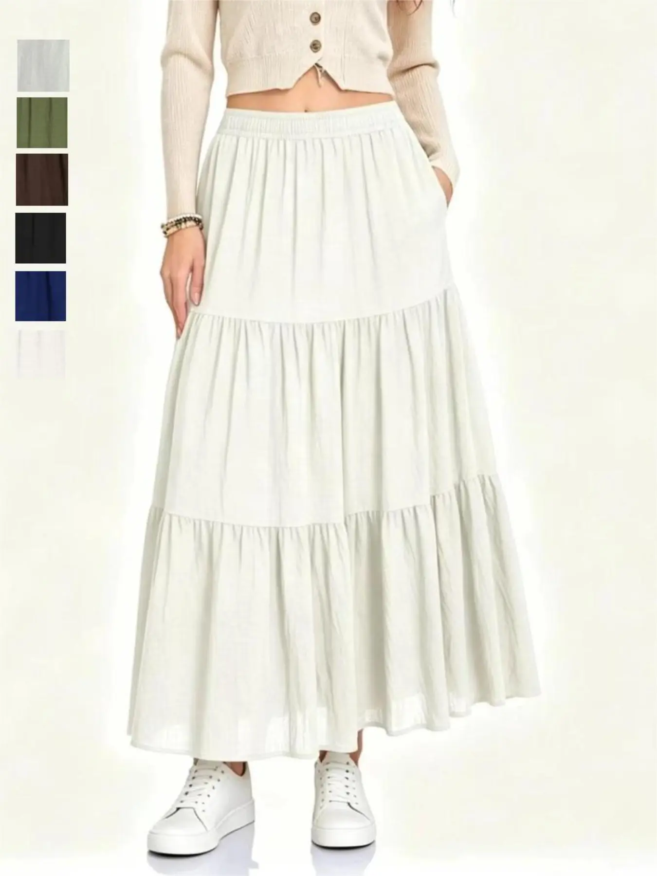 High-Quality Pocket High-Waist Elastic Skirt, Layered Hem Design, Casual Long Skirt for All Seasons, Trendy and Versatile Women's Fashion, Bottoms