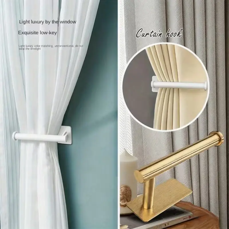 2-Pack Curtain Hooks, No-Drill Self-Adhesive Curtain Holders, Wall-Mounted Curtain Hooks for Living Room Bedroom, Modern Decorative Curtain Fixtures