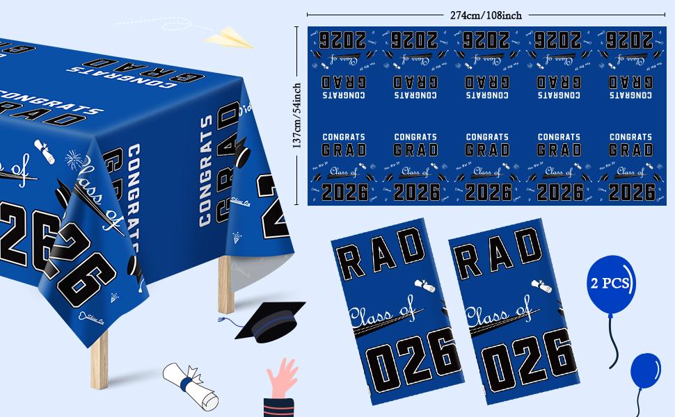 Graduation Decorations 2026 - Graduation Party Decorations 2026 - Disposable Plastic Blue Tablecloth for Class of 2026 Decorations Party Favors Supplies Banner,54" X 108",2 Pack