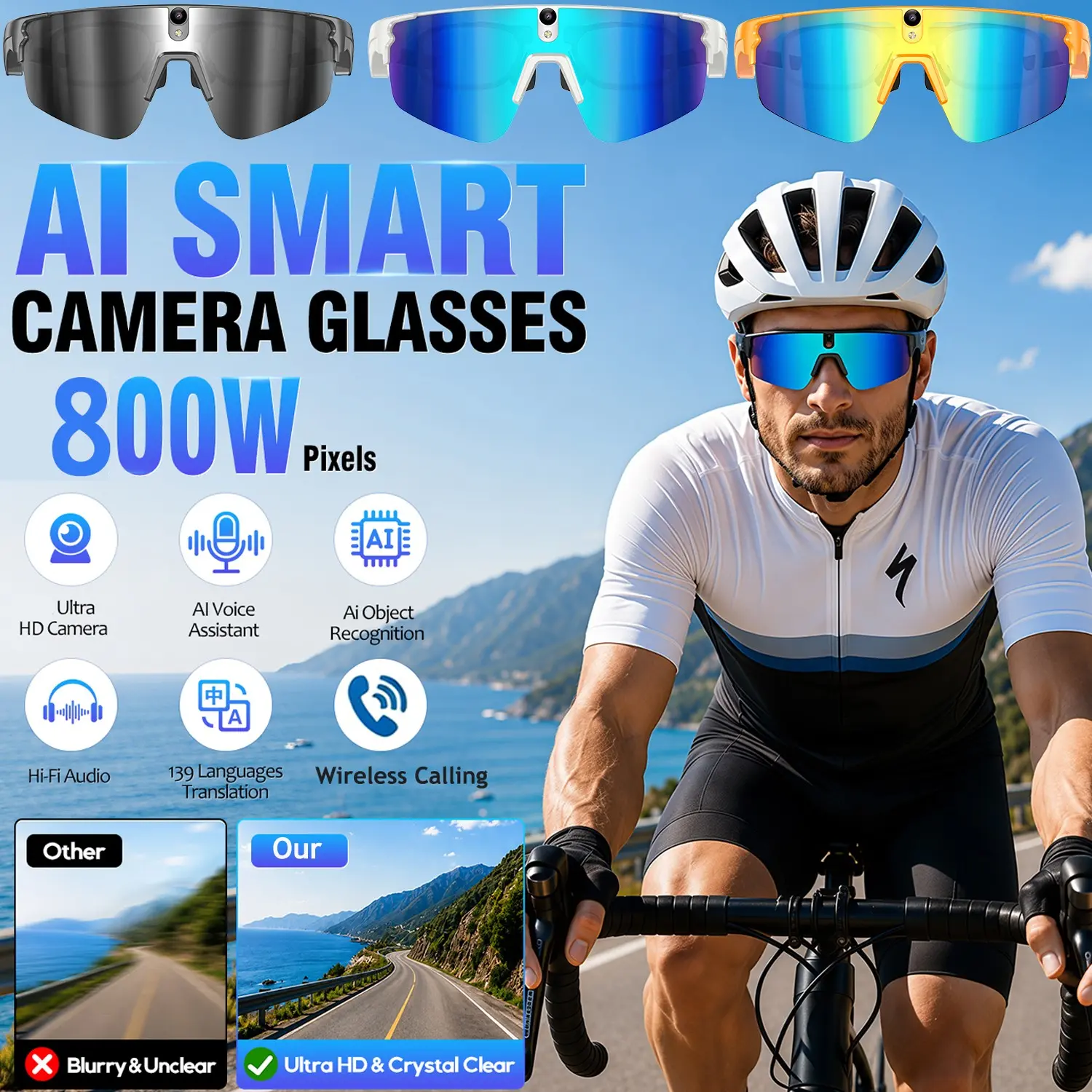 Camera Glasses, 8MP HD Photo & Video Recording, Action Camera with EIS Stabilization, AI Voice Assistant, Real-Time Translation, Wireless Calling, AI Smart Glasses for Music Playback Glasses, Ideal Gift for Men And Women
