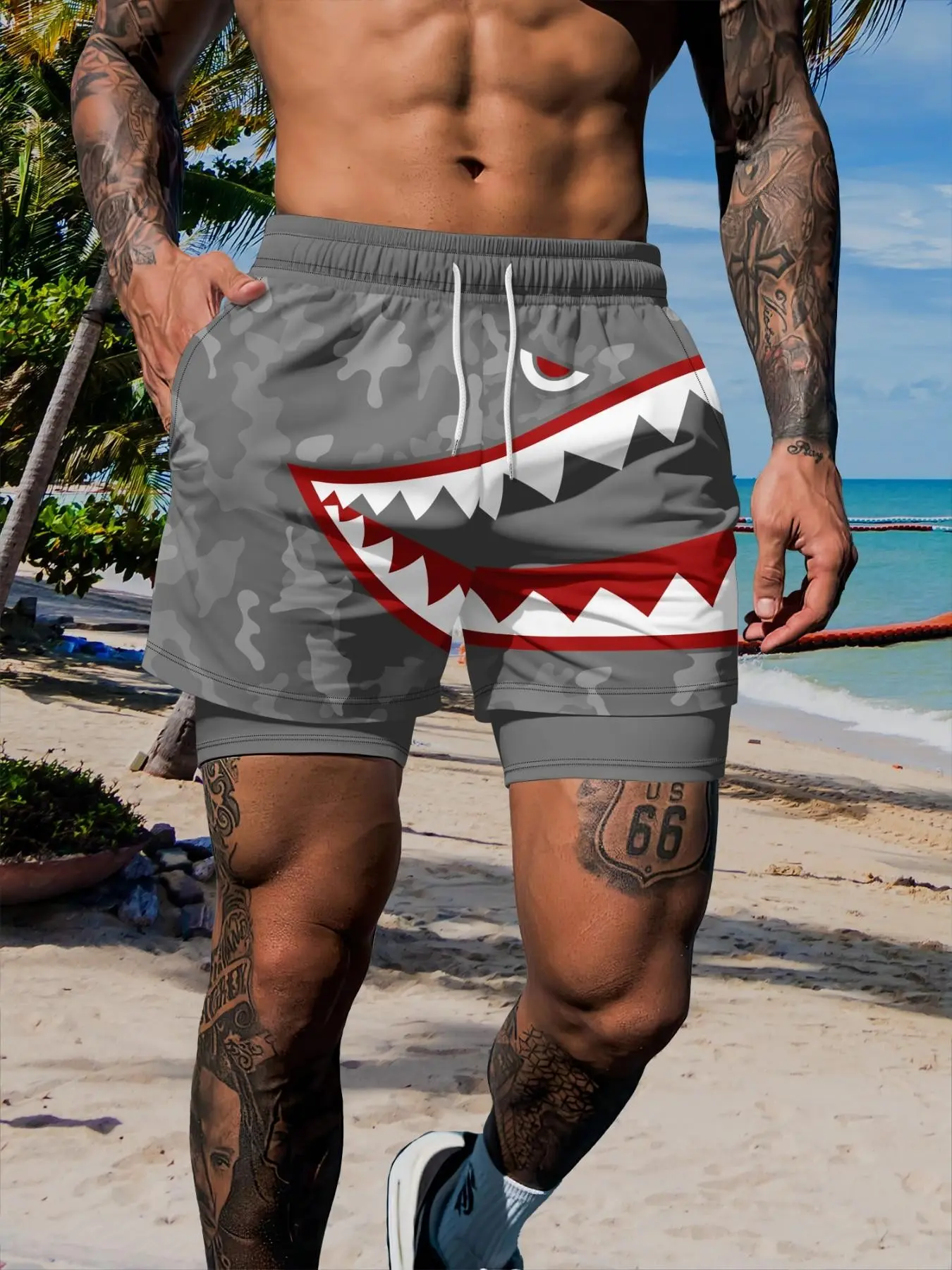 Trendy Shark Face Dual-Layer Gym Shorts, Camouflage Base Large Shark Mouth Print, Men's Beach Casual Five-Quarter Pants, Camouflage Athletic Shorts