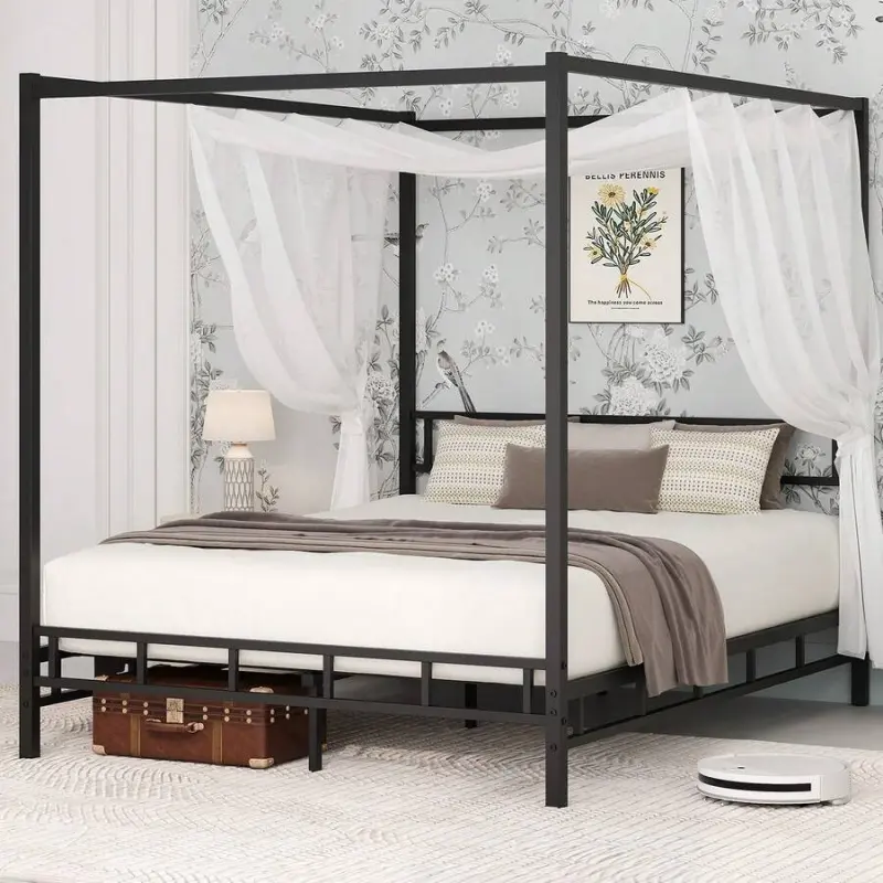 Black Canopy Bed Frame - Full/Queen Size, Metal Slats Mattress Support Foundation, No Box Spring Needed, Easy Assembly, Indoor Bedroom Furniture Decor, Full Size Bed