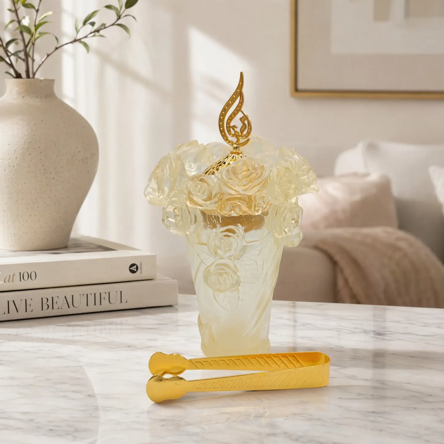 3D Rose Embossed Transparent Resin Incense Burner, Incense Holders, Elegant Arabian Luxury Style, Hollow Gold Metal Lid With Free Matching Incense Tongs, Perfect for Muslim Housewarming & Religious Holiday Present
