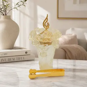 3D Rose Embossed Transparent Resin Incense Burner, Elegant Arabian Luxury Style, Hollow Gold Metal Lid With Free Matching Incense Tongs, Perfect for Muslim Housewarming & Religious Holiday Present