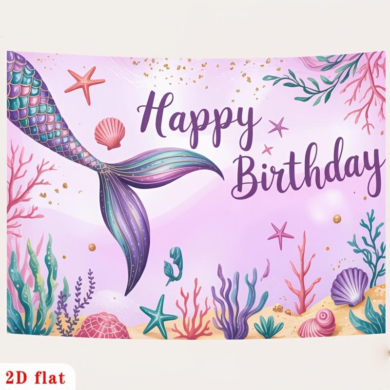 2D Flat - 2D Flat - 1pc 2D Flat Happy Birthday Banner | Iridescent Mermaid Tail, Colorful Starfish, Seashells, Pink Underwater Background Polyester Backdrop For Party Decor, Farm, Garden, Home, Room, Club |