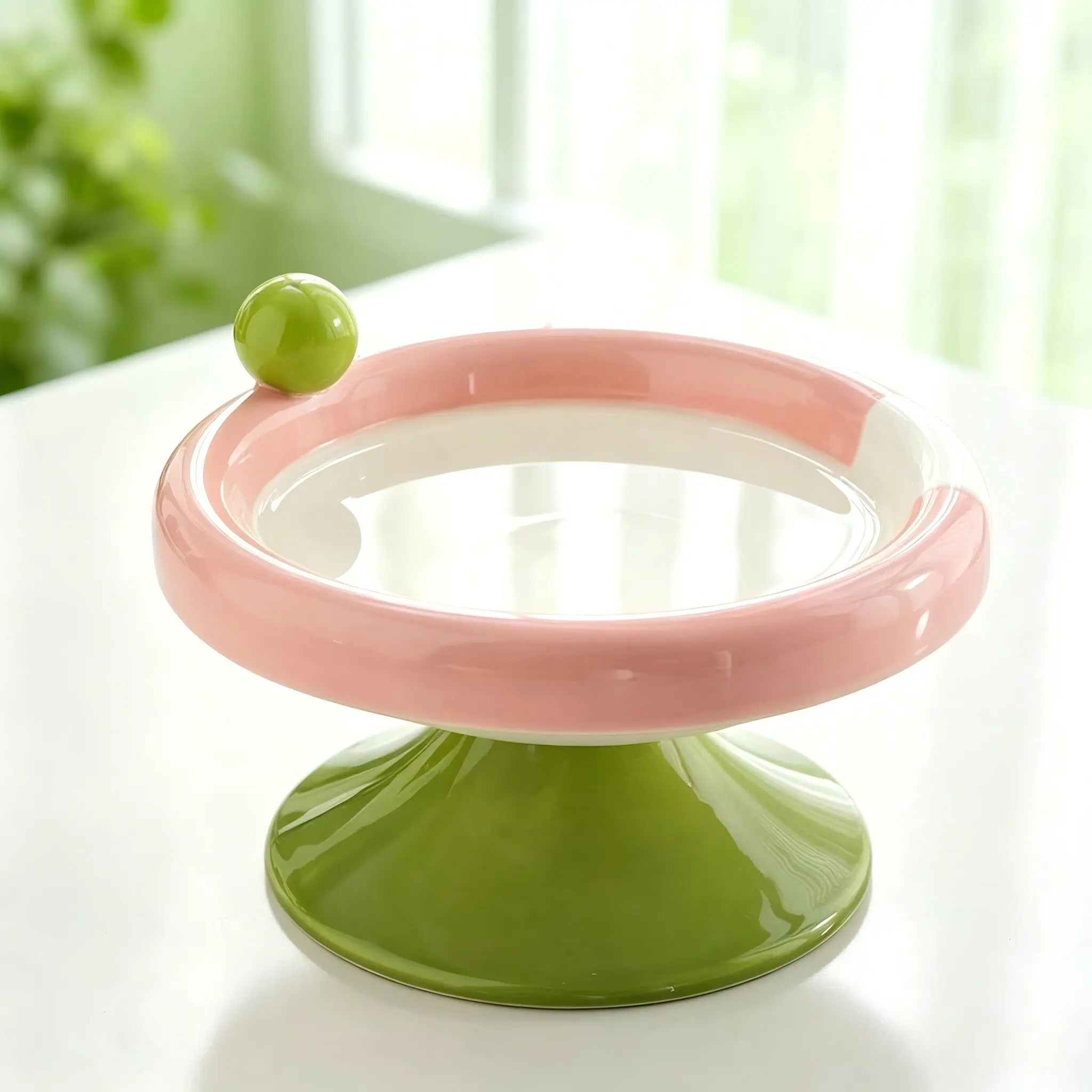 Macaron Color Cute Ceramic Elevated Cat Bowl, Small Raised Food Dish for Cats and Small Dogs, Reduces Neck Strain