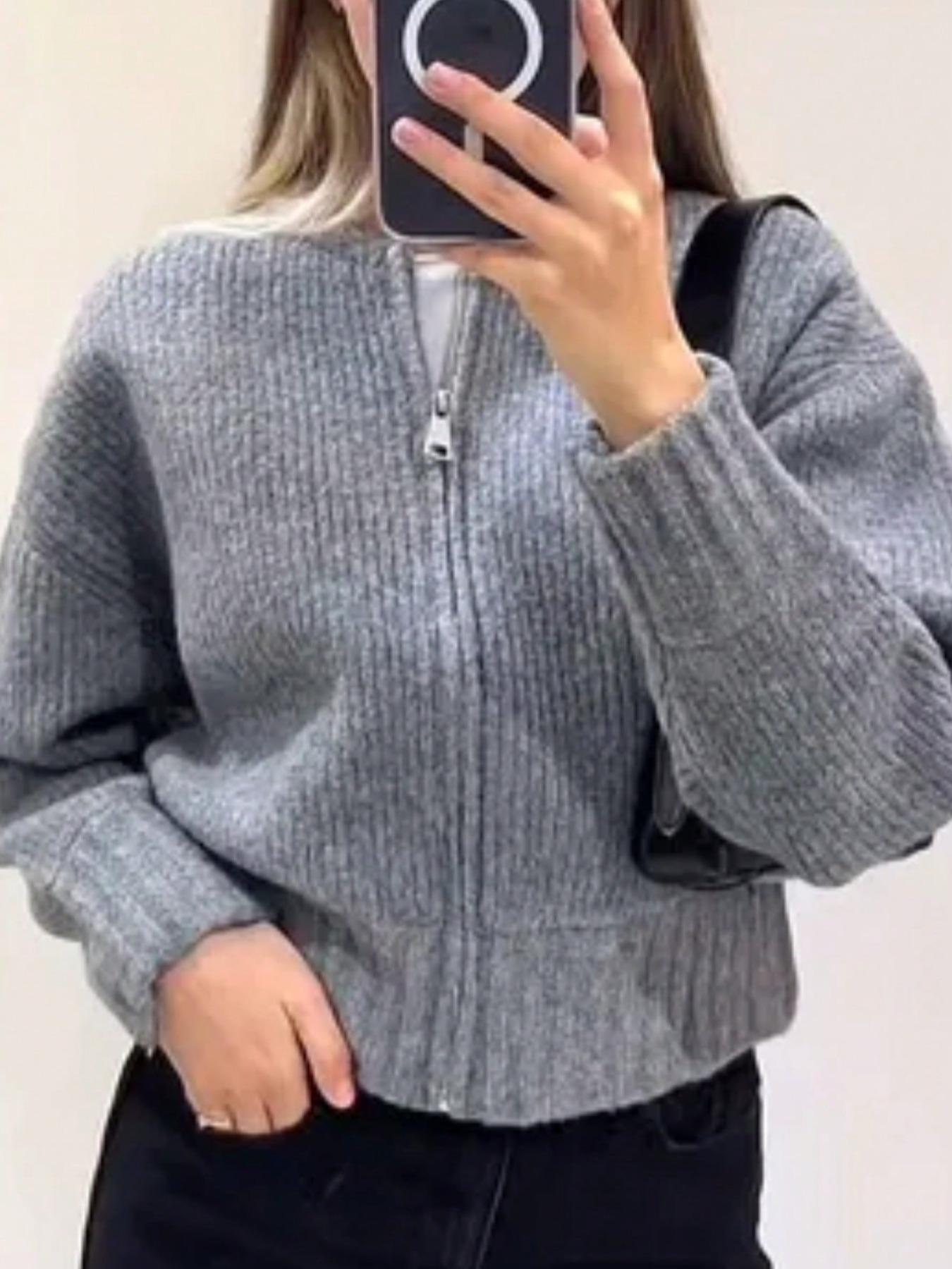 Women's Solid Drop Shoulder Zipper Sweater Cardigan, Casual Long Sleeve Round Neck Thick Knitwear for Fall & Winter, Fashion Women's Knit Clothing for Daily Wear
