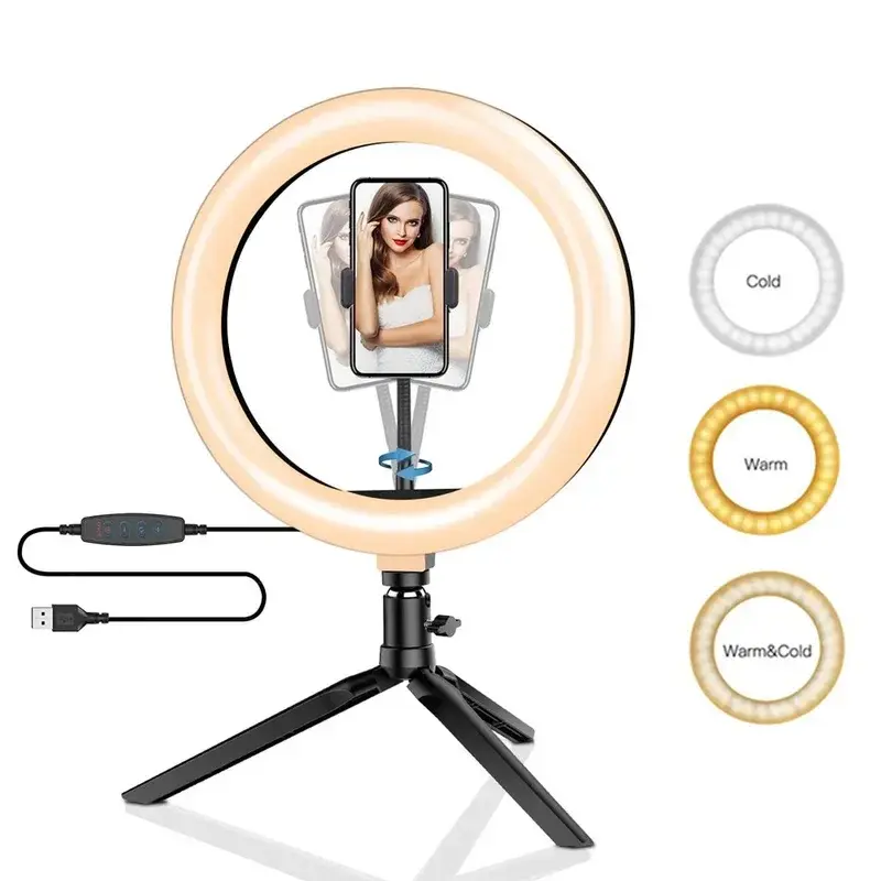 Dimmable LED Ring Light Kit (26cm/10in, 120 Beads, USB Powered) with Portable Tripod Stand, Circular Lighted Live Streaming Kit Selfie Accessories for Photography, Mobile Phone Makeup Studio Use