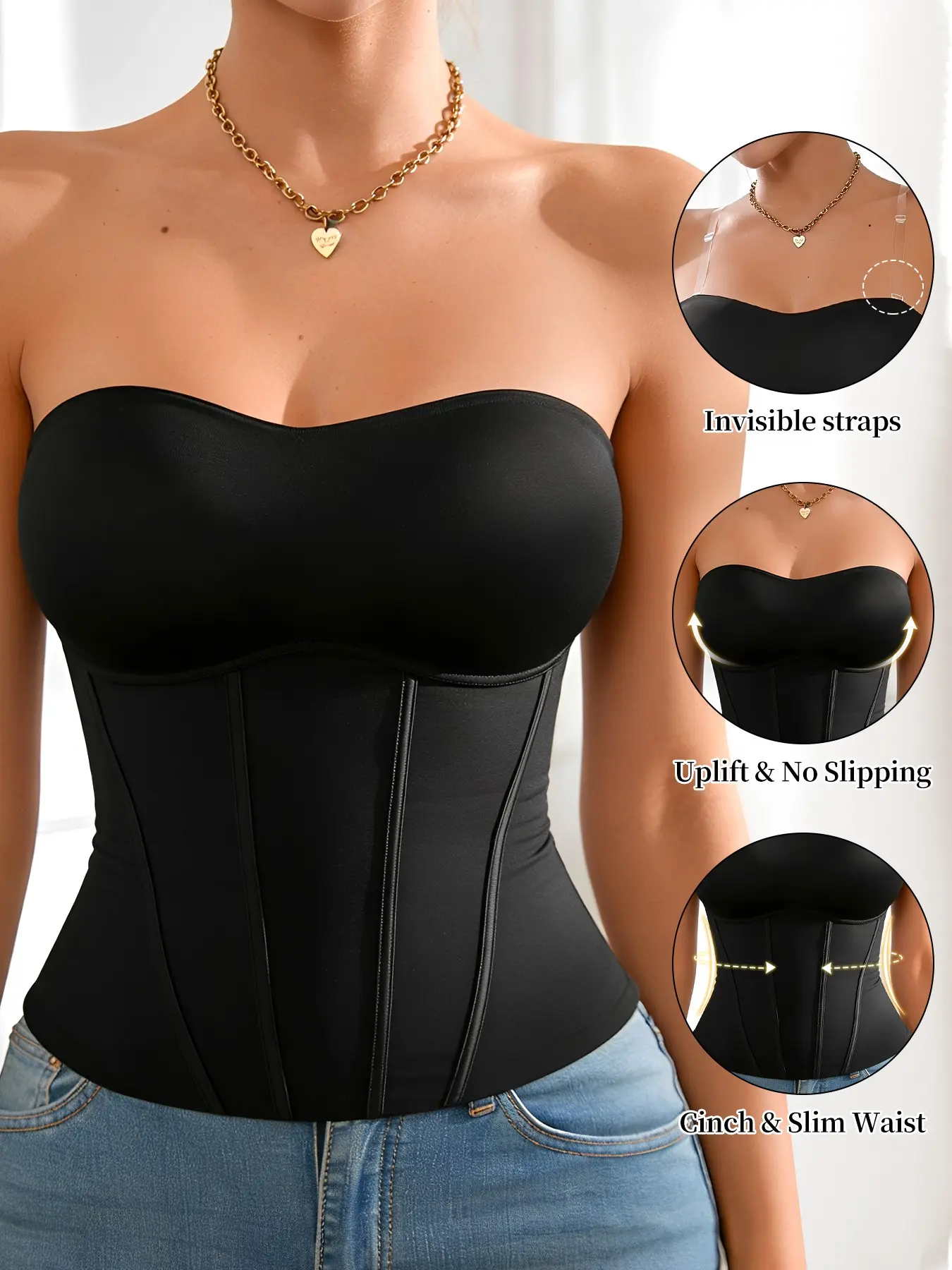 Women Strapless Bandeau Sleeveless Corset Bustier Top with Detachable Clear Straps, Tummy Control Slim Versatile Daily Wear Waist Shaper for Casual Party Under Outfit Shapewear