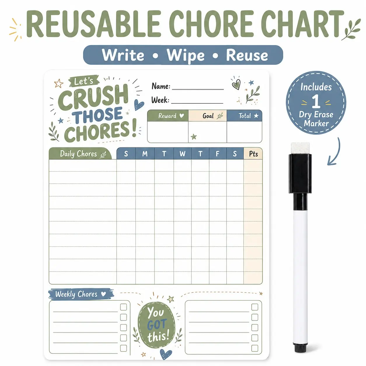 Reusable Whiteboard Chore Chart with Marker, Tear-Off Weekly Task Planner, Home Planner, Ideal for Daily Chores, Goals, Rewards, and Family Reminders