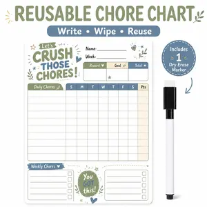Reusable Whiteboard Chore Chart with Marker, Tear-Off Weekly Task Planner, Ideal for Daily Chores, Goals, Rewards, and Family Reminders