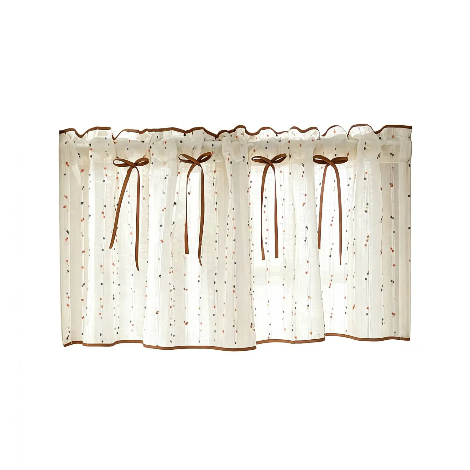 Beige Sheer Tier Curtain with Brown Bow Ties, Tiny Colorful Floral Short Window Curtain, Vintage Farmhouse Cafe Curtain for Kitchen Bathroom Small Windows