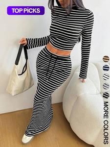 women's striped print long sleeve top & skirt two-piece set, elegant fashion casual two piece outfits for daily outdoor wear, women clothes for all seasons, womenswear