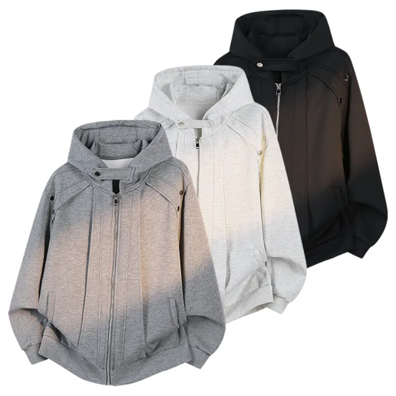 Men's Foldable Polyester Blend Zip-Up Hooded Jacket, Vertical Pleat Front, Metal Rivet Shoulder Accents, Tab Collar, Side Pockets, Relaxed Drop-Shoulder Silhouette, Retro Street Casual Wear