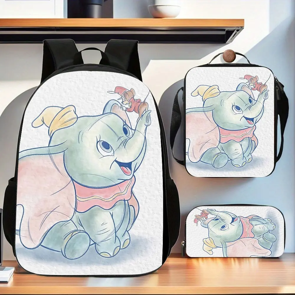 Dumbo cartoon elephant hand-painted light white background three-piece school bag set, including a backpack, insulated lunch bag, and pencil case, suitable for teenagers' daily school use