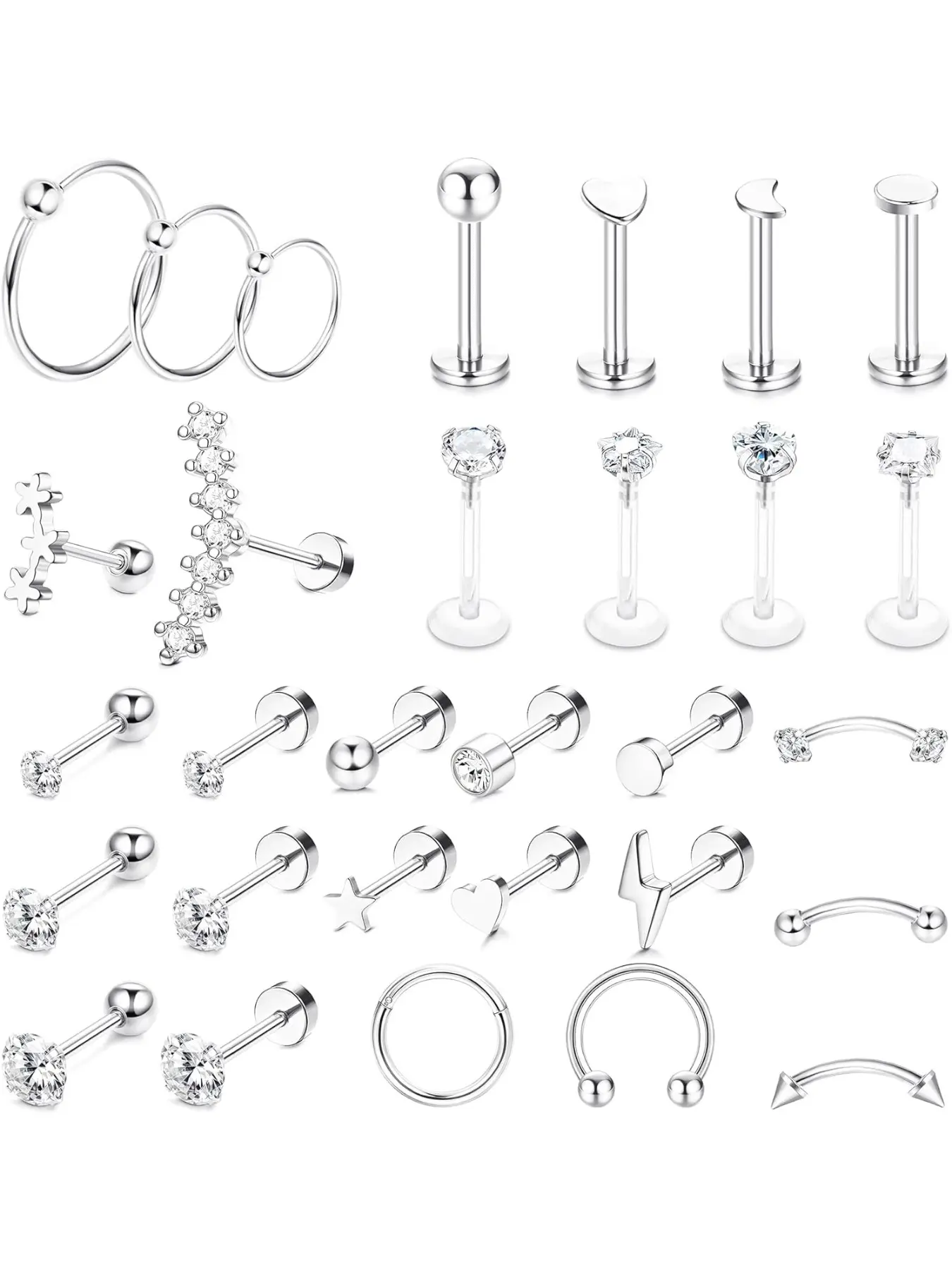 30Pcs 16G Cartilage Helix Earrings for Women Girls Surgical Steel CZ Ball Heart Star Flat Back Earrings Segment Ring Labret Studs Conch Tragus Helix Piercing Jewellery Silver/Gold Body Jewellery