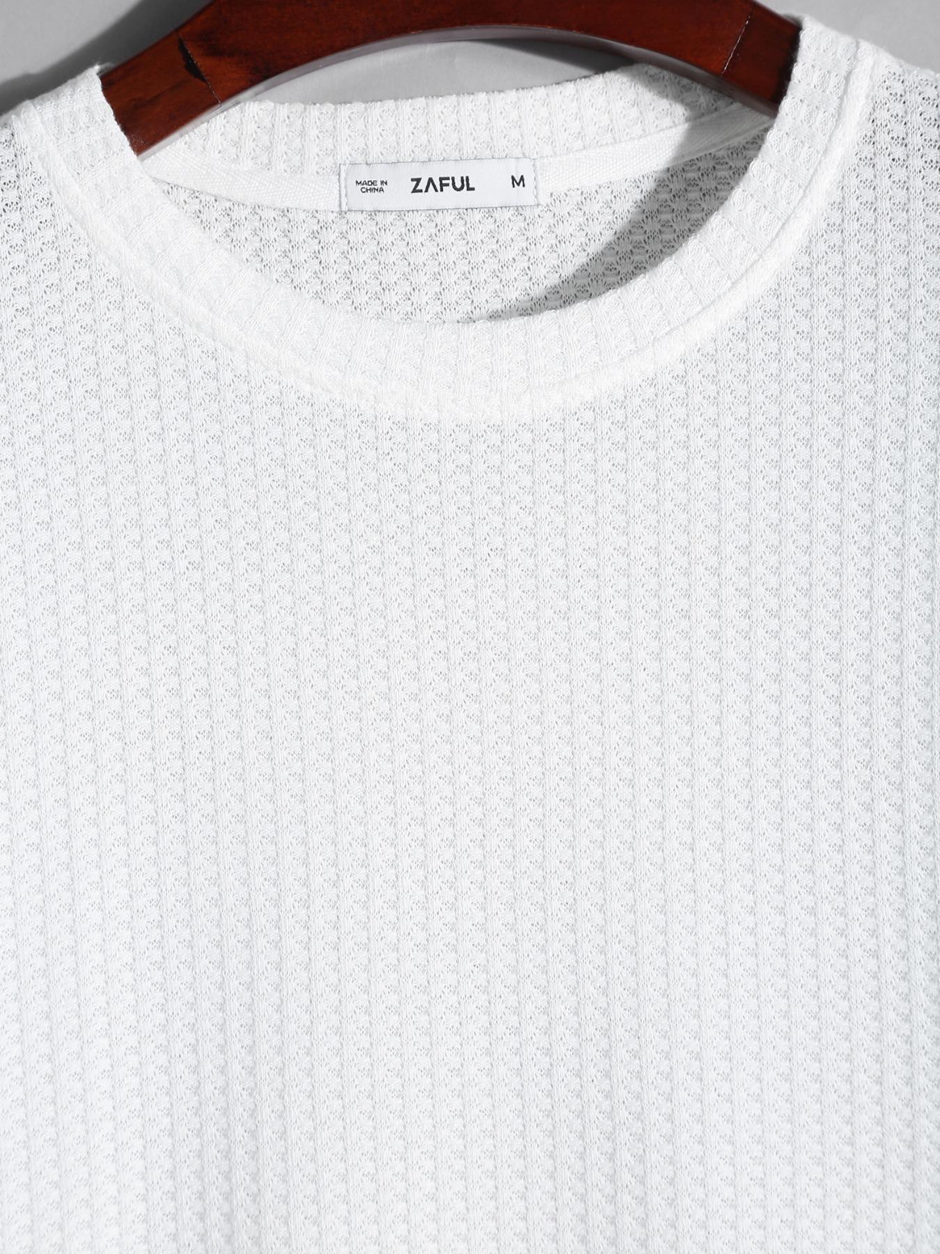 ZAFUL Men's Oversized Fit Waffled White T Shirt men' color textured t shirt crew neck short sleeve Loose