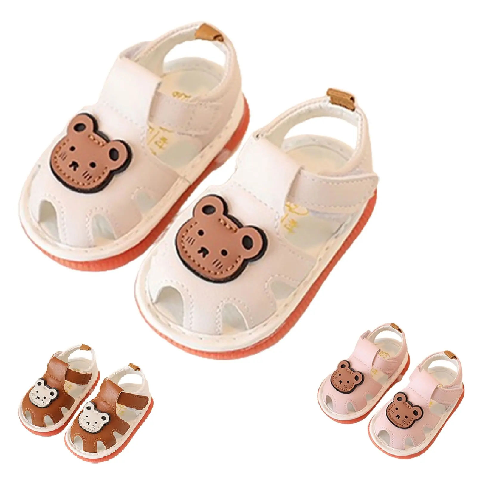Baby Boy Girl Summer Infant Squeaky Sandals, Cute Bear Pattern Closed-Toe Rubber Non-Slip Sole Magic Tape Toddler First Walkers