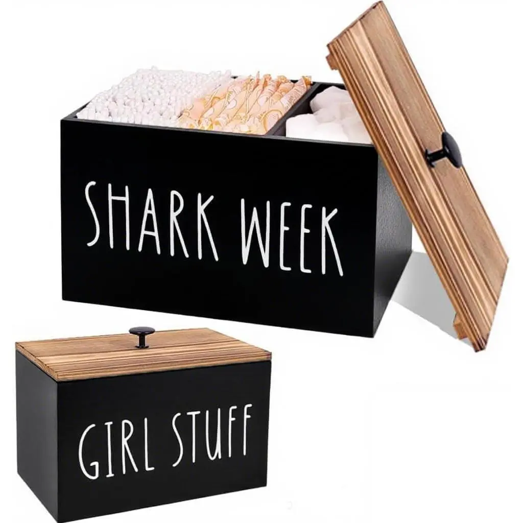 Tampon Holder for Bathroom Decor Feminine Product Organizer with Lid Movable Partition Storage Container Feminine Product Wood Tampon Dispenser Bathroom Accessories Box for Girl Stuff (Black)