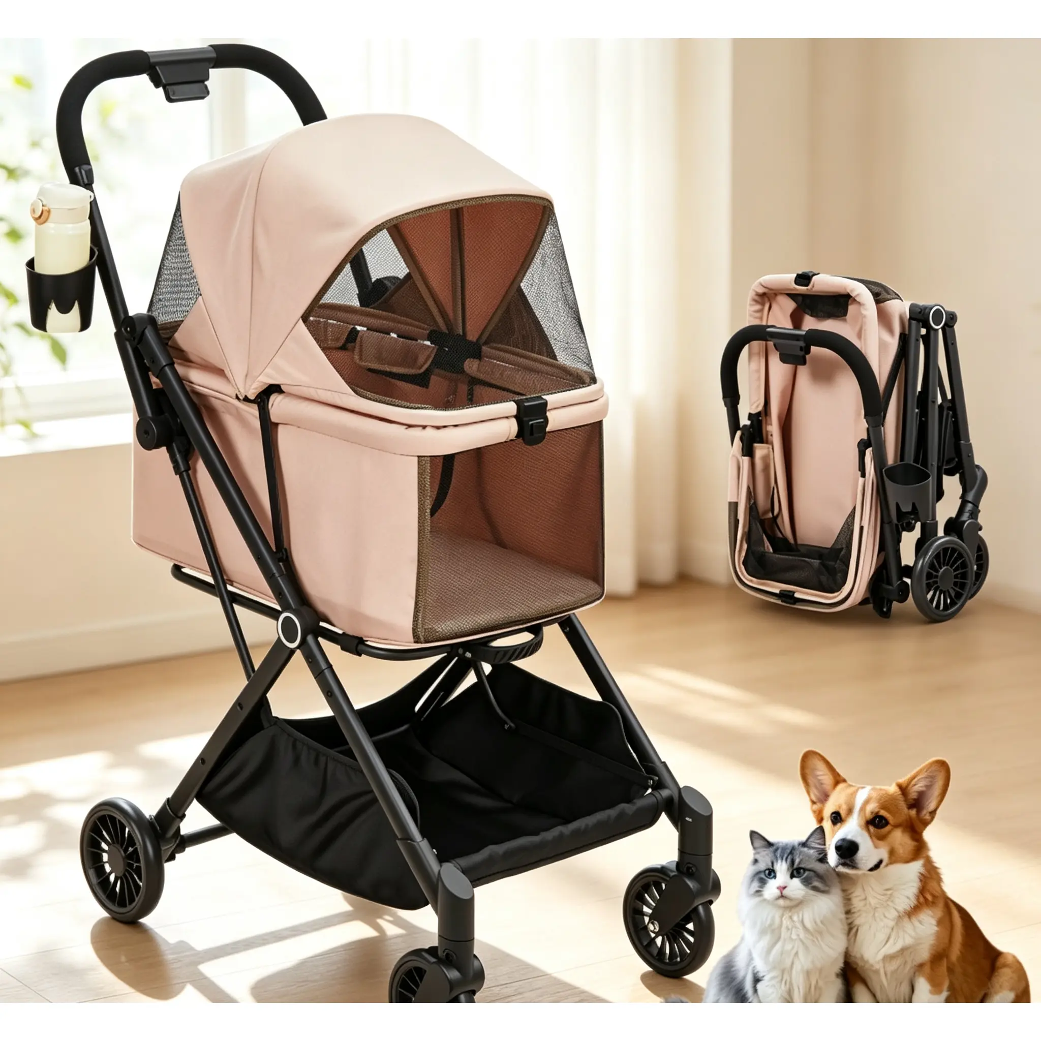 Pet Stroller for Dogs & Cats – 50lbs Capacity, All-Terrain, 1-Second Fold – 4-Wheel Suspension, UV Canopy – for 2 Small Pets – Khaki