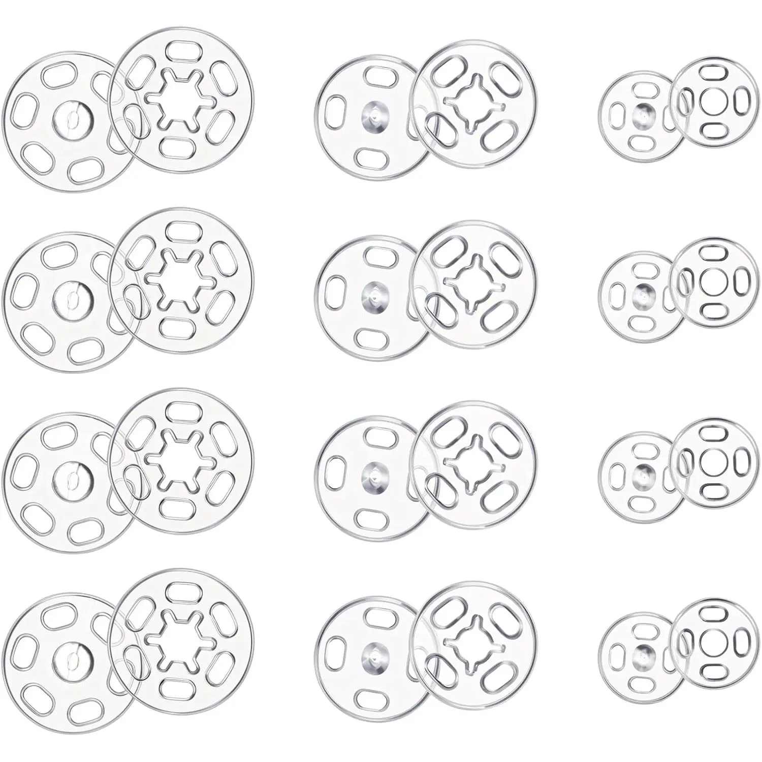 100 count Clear Plastic Snaps for Sewing, Round Sew  Snap Buttons Fasteners for  Shirt Pant DIY Crafts (40 Sets/7mm, 30 Sets/10mm, 30 Sets/15mm)