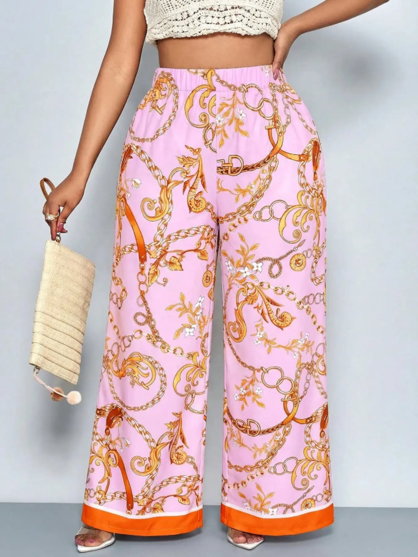 European Style Plus Size Metal Chain Print Wide Leg Pants, Elastic High Waist Trim Flowy Casual Long Pants
