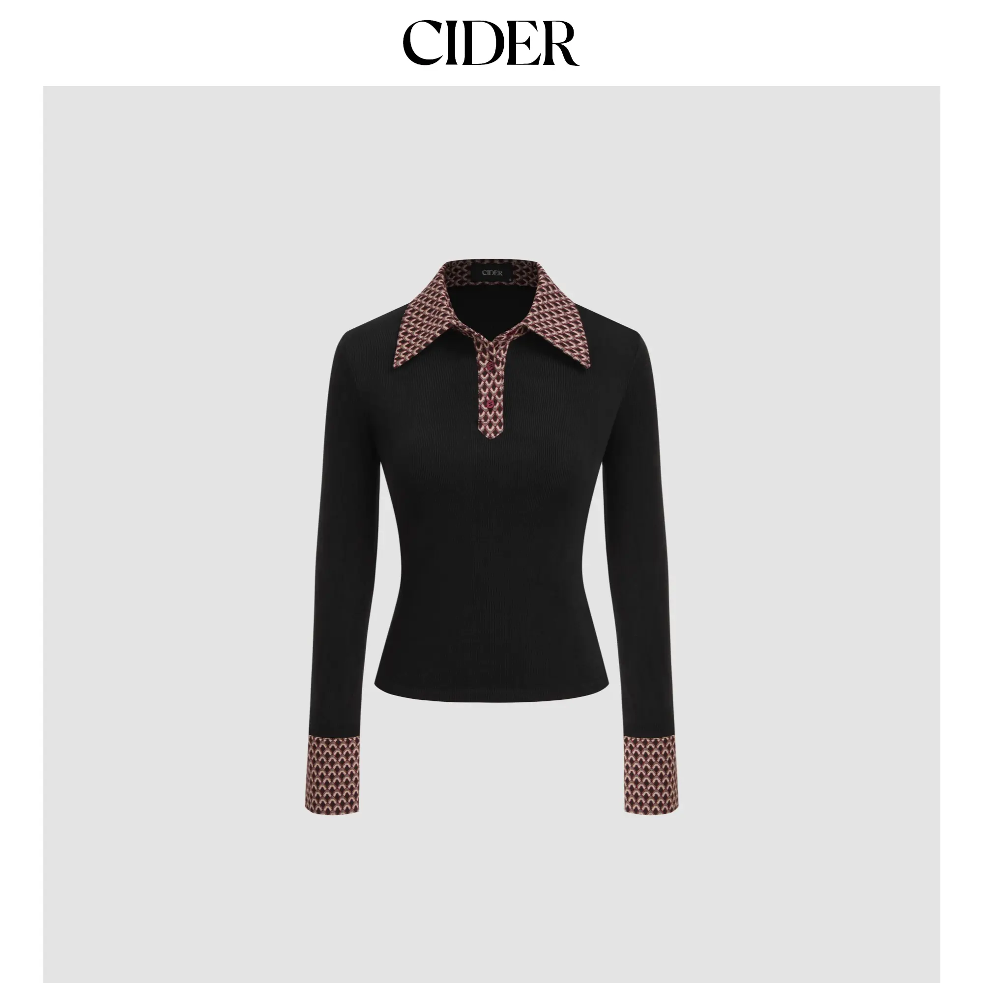 Cider [size 2-10] Collar Geometric Contrasting Binding Button Long Sleeve Top