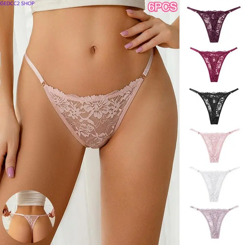 New 6PCS Women’s Floral Embroidery Lace Thong, Low Waist Seamless Breathable Large Size Panties, Sexy Pure Desire Comfort Underwear for Daily Matching, Underwear For Women, Daily Wear, Breathable Lace, Everyday Match